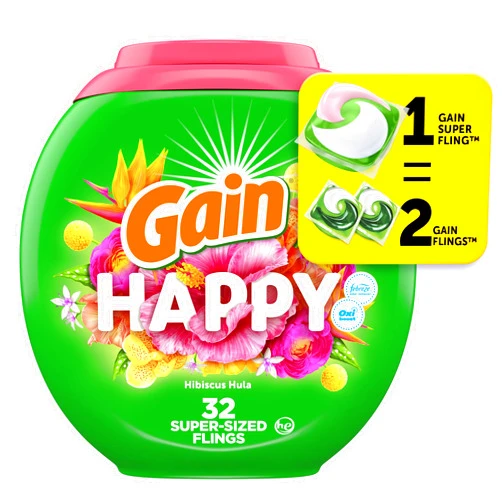 Gain Super Sized Flings Laundry Detergent Pacs, 3-in-1 Detergent Pacs with Febreze and Oxi, Happy Scent, 32 Count