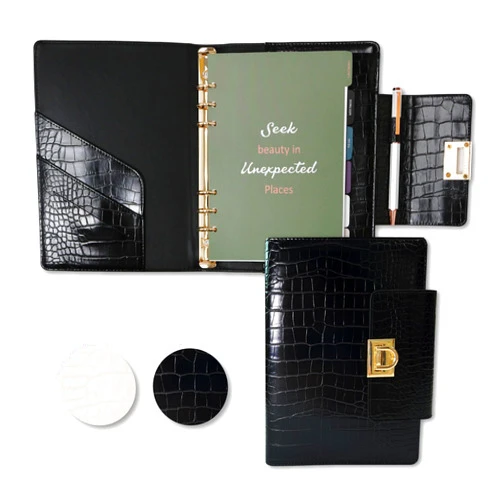 EGOSUNNY Crocodile PU Leather Journal Cover with 80 Sheets of Planner Inserts & A Metal Ballpoint Pen - Compatible with A5 6-Ring Binder Journal Notebook - Doubles As A Stylish Clutch Purse for Women