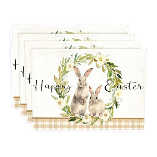 Artoid Mode Buffalo Plaid Bunny Rabbits Happy Easter Placemats Set of 4, 12x18 Inch Seasonal Flower Table Mats for Party Kitchen Dining Decoration