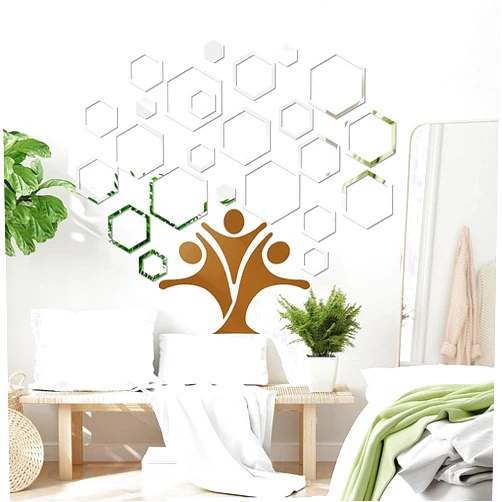 Jocaluyia Hexagon Mirror Wall Stickers, 24Pcs DIY Removable Hollow Mirror Wall Stickers Wall Decals, 3D Acrylic Mirror Sheets Tiles, Wall Decoration for Office Home Living Room Bedroom Sofa TV Background (A)