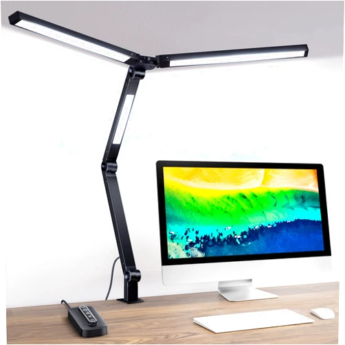 MediAcous LED Desk Lamp with Clamp, 20W 3 Lights Desk Light for Home Office, Flexible Swing Arm, Control Box, 4 Color Modes, 4 Brightness, Memory Function, Eye-Caring Clip on Lamp for Workbench
