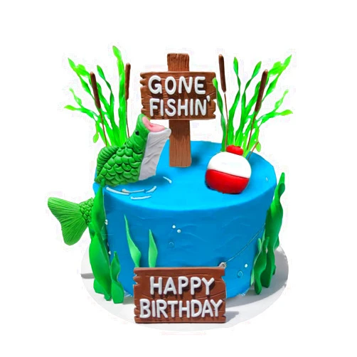 DiDida Fishing Cake Topper Gone fishing Cake with Bass Reed Happy Birthday Sign