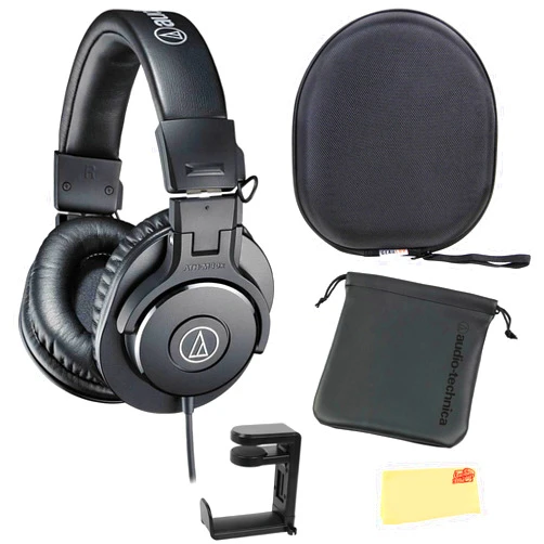 Audio-Technica ATH-M30x Professional Monitor Headphones - Black Bundle with Case, Stand, Pouch, and Austin Bazaar Polishing Cloth