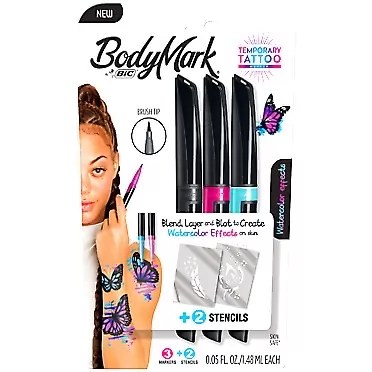 BIC BodyMark by BIC, Temporary Tattoo Marker, Watercolor Inspiration, Skin Safe, Brush Tip, Assorted Colors, 3-Pack with Stencils