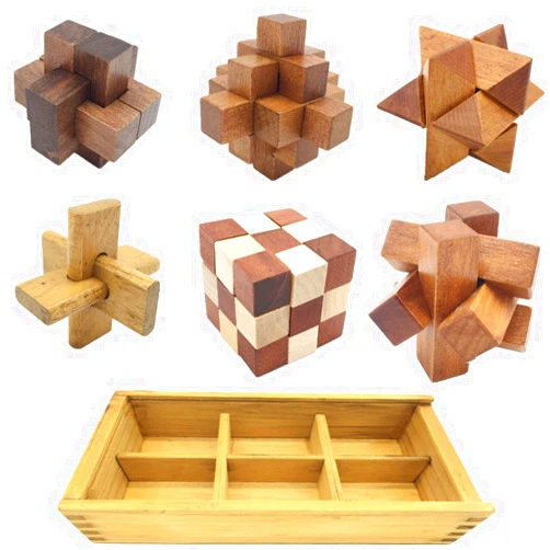Guaishou 6-in-One 3D Luxury Wooden Brain Puzzle Teaser Kongming Lock for Teens and Adults Includes Storage Box