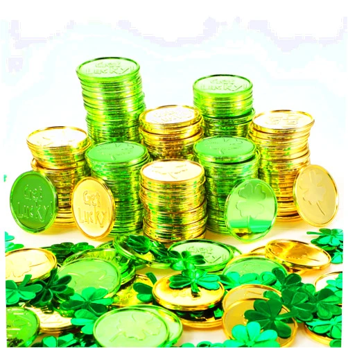 Hungdao 240 Pcs St. Patrick's Day Gold Coins with Shamrock Confetti Plastic Shamrock Gold Green Lucky Coins Clover Confetti for Irish Party Birthday Baby Shower Decorations