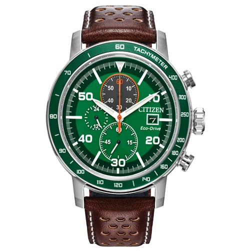 Citizen Men's Eco-Drive Weekender Brycen Chronograph Watch in Stainless Steel, Brown Preforated Leather Strap, Green Bezel, Time/Date, 3 Hand, Green Dial (Model:CA0851-05X)