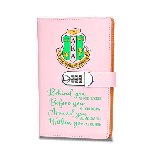 JOHSBYD AKA Sorority Gift Leather Combination Lock Notebook for Women Girls Pink and Green Greek Sorority Journal Combination Lock Notebook Sisterhood Graduation Gift (behind you)