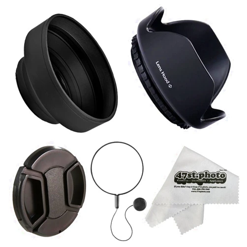 47th Street Photo Deluxe Universal DSLR Camera Lens Hood Set with Hard-Shell Pedal and Collapsible Rubber Lens Hoods, Replacement Lens Cap & Leash Keeper for 58mm Lenses Including Anti-Static Microfiber Cleaning Cloth