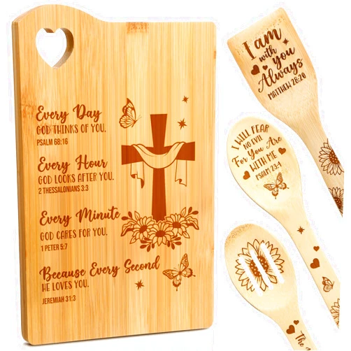 RimCereal 4 Pcs Christian Gifts for Women Mom Faith Religious Gifts Bible Verse Inspirational Gifts Bamboo Cutting Board Spatula Spoon Set Catholic Gifts for Christmas Birthday (God Cares for You)
