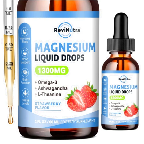 ReviNutra Triple Magnesium Complex Liquid Drops, 1300mg Magnesium Glycinate, Taurate & Citrate with Omega3, L-Theanine, Ashwagandha, Potassium, D3, B6, B12 for Calm, Sleep, Muscle, Strawberry Flavor, 2 Fl OZ
