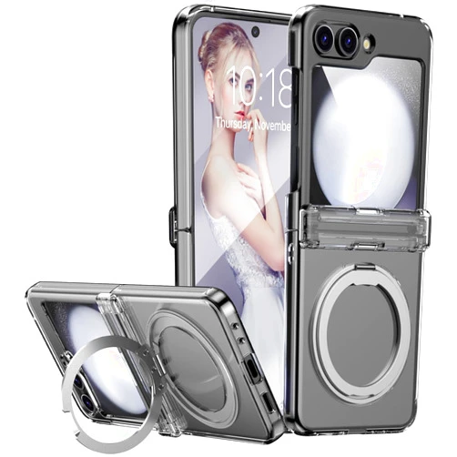 CASEOWL for Samsung Galaxy Z Flip 6 Case Clear Magnetic with Hinge Protection, Ring Holder, Stand [Compatible with MagSafe Wireless Charger], Slim Protective Phone Case Cover for Z Flip 6 Case, Clear