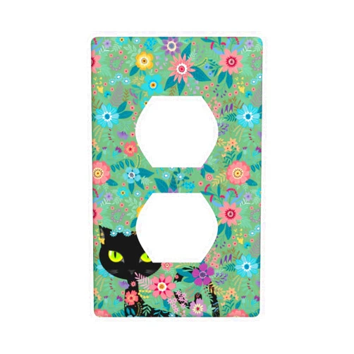 Giinly Black Cat Spring Flowers Outlet Covers Duplex Outlet Wall Plate Cover 1-Gang Electric Receptacle Decorative Light Switch