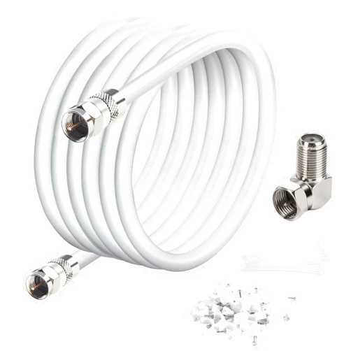Elecan 50 Ft RG6 Coaxial Coax Cable Connectors Set, Quad Shielded High-Speed Internet 3 GHZ, Broadband Digital TV Aerial, Soft Satellite Cable Extension Double Rubber O-Ring+ Adapter+Ties+Clips-White