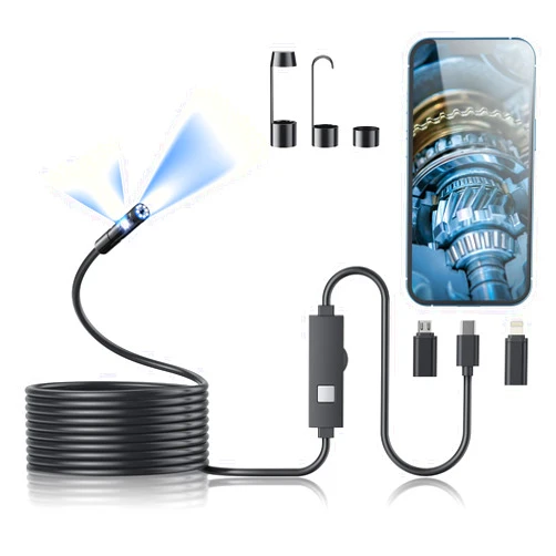 Kinpthy Dual-Lens Endoscope Camera with Light, 1920P HD Borescope Tools with 8 Adjustable LED Lights, Endoscope with 16.4ft Semi-Rigid Snake Camera, 7.9mm IP67 Waterproof Inspection Camera for iOS and Android