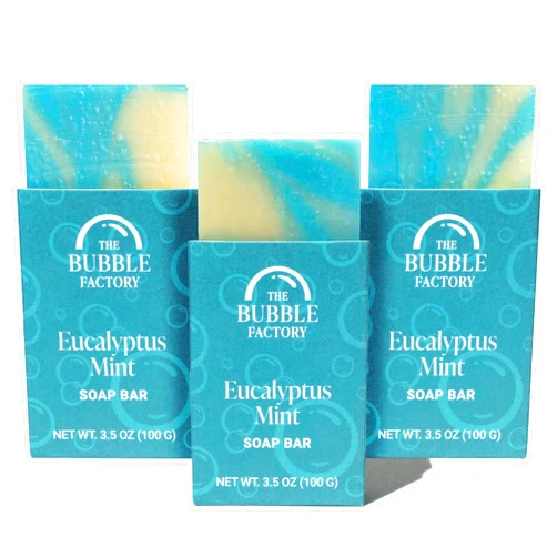 The Bubble Factory Handmade Soap, All Natural Soap for Women & Men, Hand, Bath & Body Natural Bar Soap, Vegan, Palm Oil Free, Made in USA with Shea Butter + Essential Oils, Eucalyptus Mint, 3 Bars