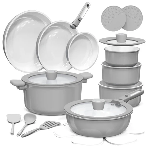 CAROTE 25pcs Ceramic Cookware Set, Pots and Pans Set Non Stick, Induction Kitchen Sets, Non Stick RV Cookware with Detachable Handle, Dishwasher/Oven Safe Cookware Set, Dark Gray