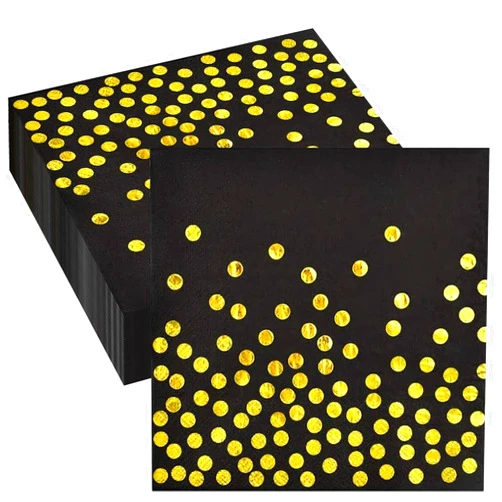 Wentsent 100 Pack Black Gold Foil Dots Napkins Disposable Paper Napkins for Dinner Picnic Cocktail Birthday Party Supplies Decorations (Black)