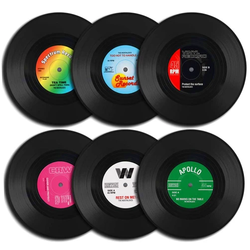 homEdge Vinyl Record Coasters, 6 Pieces of Retro Style Vinyl Coasters