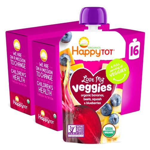 HAPPYTOT Happy Tot Organics Stage 4 Baby Food Pouches, Gluten Free, Vegan Snack, Love My Veggies, Fruit & Veggie Puree, Banana, Beet, Squash & Blueberry, 4.22 Ounce (Pack of 16)