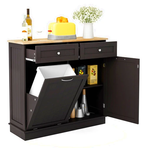 LOKO Kitchen Tilt Out Trash Cabinet, Modern Trash Cabinet with 2 Drawers & Adjustable Shelf, Pet Proof Trash Can Cabinet with Rubber Wood Tabletop, 39.5 x 14 x 35.5 inches (Coffee)