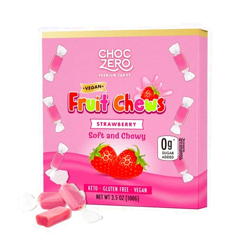 ChocZero Sugar Free Strawberry Fruit Chews, All Natural Ingredients, Vegan, Keto Friendly, Soft and Chewy Candy, 3.5 Ounce Box (Pack of 1)