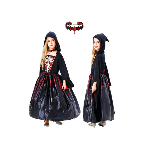 GUUBX Halloween Witch Costume for Girls Deluxe Long Sleeve Skeleton Print Hooded Dress with Choker Necklace Cosplay Outfit