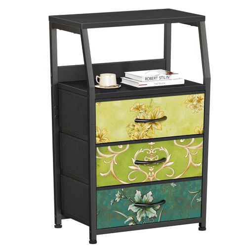 Furnulem Retro Night Stand with 3 Drawers and 2-Tier Shelf, Small Nightstand Side Table, Vintage Storage Dresser for Bedroom, Fabric Drawer Organizer for Closet, Beside Furniture
