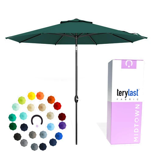 Midtown Umbrellas - 10-Year-No-Fade 9 Ft Patio Umbrella with Terylast Fabric, Auto-Tilt Aluminum Frame and 8 Reinforced Ribs for Deck, Pool, Garden & Beach - Forest Green Canopy, Black Pole