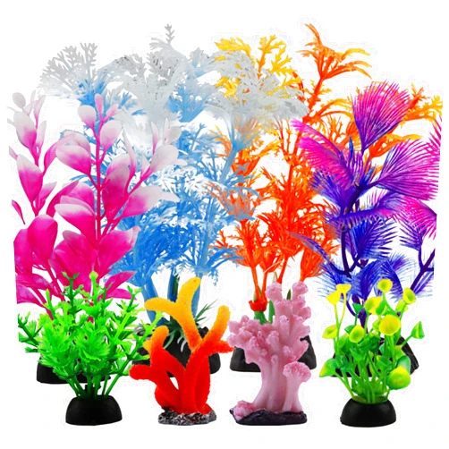 PietyPet Fish Tank Decorations Plants with Resin Coral, 8 pcs Aquarium Decorations Small Plants Plastic, Fish Tank Accessories, Aquarium Decor