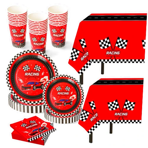 Childom 102 PCS Racing Car Tableware Sets,Race Car Birthday Party Supplies,Disposable Racing Car Tablecloths,Plates Cups Napkins,Car Themed Tableware Set for Boys Birthday,Kids Party,Race Car Party Decoration