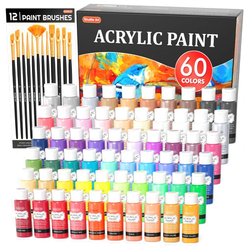 Shuttle Art 72 Pack Acrylic Paint Set, Shuttle Art 60 Colors Acrylic Paint Including Extra White Black & 12 Brushes, 2oz/60ml, Rich Pigmented, Water Proof, Ideal for Artists, Beginners on Canvas Rock Wood Ceramic