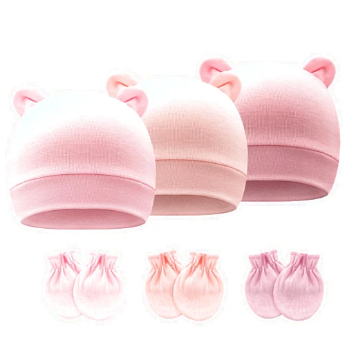DRESHOW BQUBO Newborn Baby Hats Mittens Set Hospital Hat Beanie Bear Ears Preemie Infant Cotton Caps Gloves for Boys Girls 0-3 Months