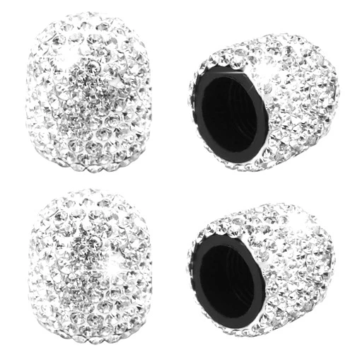 SUMAJU 4 Pack Bling Valve Stem Caps, Sparkling White Handmade Crystal Rhinestone Car Tire Valve Caps Bling Car Valve Stem Covers Chrome Attractive Dustproof