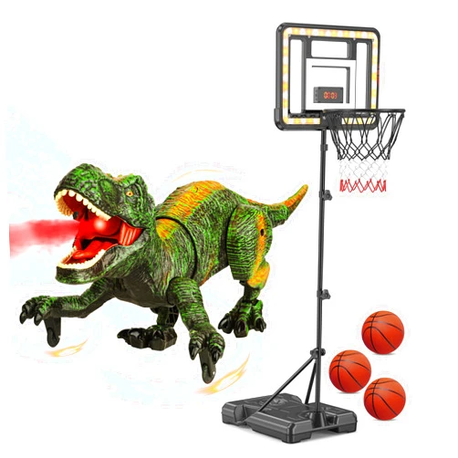 Flybakiz Electronic RC Walking Dinosaur Pet for Boys 4-7 with Spray & Light & Roar + Basketball Hoop Stand