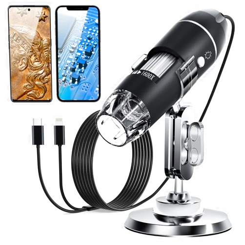 SKYBASIC USB Digital Microscope Camera, Handheld HD Inspection Camera 50x-1600x Magnification with Adjustable Stand, 8 LED Lights, Portable Microscopes Compatible with iOS & Android Devices（Black）