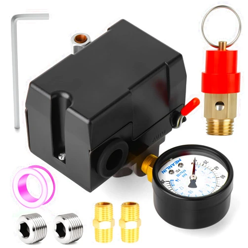 MEANLIN MEASURE Air Compressor Pressure Switch Control Valve 110-150 PSI 110V-240V 4-way Replacement Parts With 0-200 Pressure gauge and Safety Pressure Relief Valve