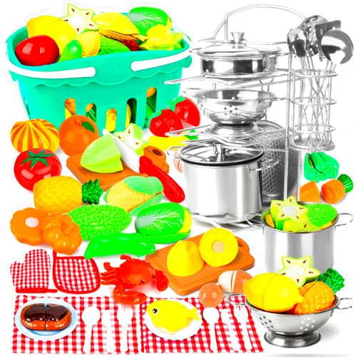 Hayuyuxo 95PCS Kids Pretend Play Kitchen Toys Accessories,Kids Kitchen Playset,Stainless Steel Cookware Pots and Pans Cooking Toys,Pretend Cutting Play Food Set for Kid Kitchen