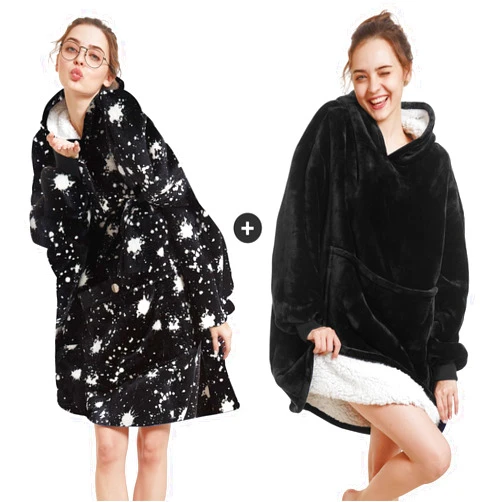 Aemilas Wearable Blanket Hoodie for Adult Black + Comfy Hooded Blanket Black and White