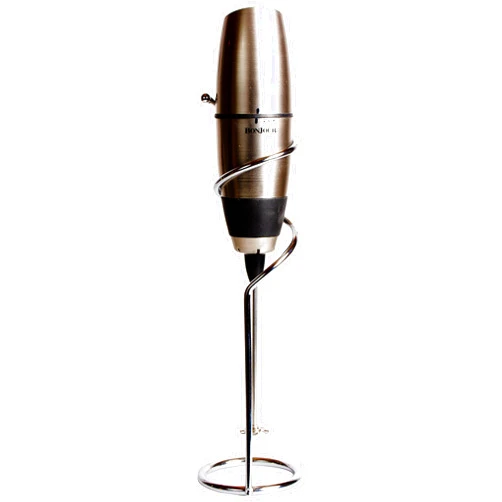 BonJour Battery-Powered Cafe Latte Frother with Stand, Chrome/Black