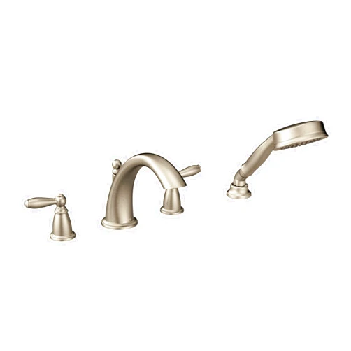 Moen Brantford brushed Nickel Two-Handle Deck Mount Roman Tub Faucet Trim Kit with Single Function Handshower, Valve Required, T924BN