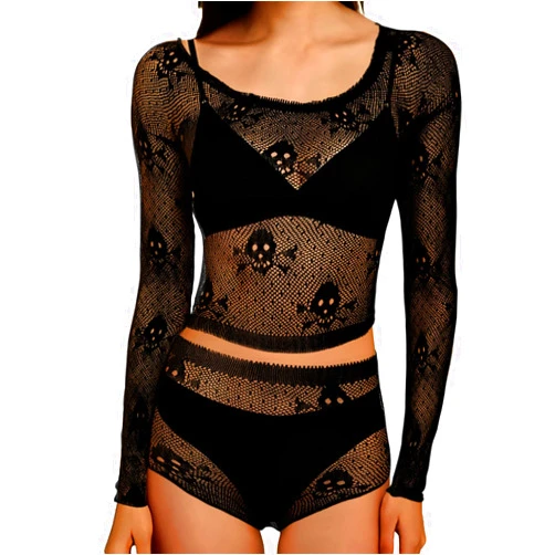 Gullora Women’s 2 Piece Skull Lace Bodysuit Lingerie Set, Off Shoulder Long Sleeve Fishnet Crop Top and High Waist Panty for Halloween Costume, Sexy Nightwear, Clubwear