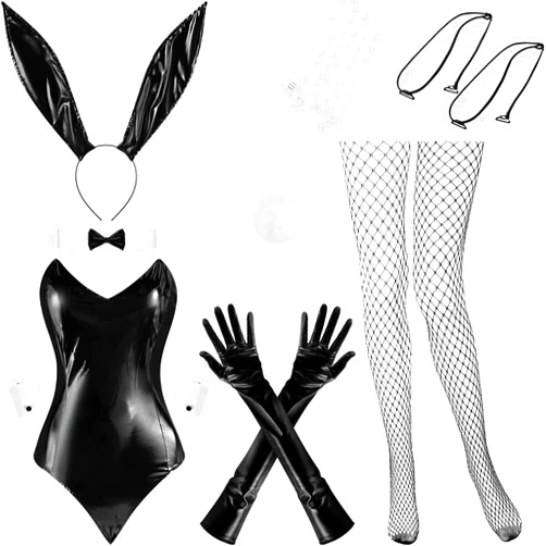 BBTO 9 Pcs Bunny Outfit for Girl Halloween Tails Bodysuit Stockings Rabbit Costume Set for Women Party Bunny Suit