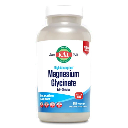KAL Magnesium Glycinate, New & Improved Fully Chelated High Absorption Formula with BioPerine, Bisglycinate Chelate for Stress, Relaxation, Muscle & Bone Health Support, 60 Servings, 240 VegCaps
