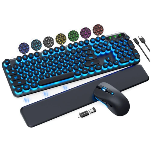 Trueque Wireless Keyboard and Mouse Backlit - Typewriter Keyboard with Detachable Wrist Rest, Retro Round Keycaps, Light Up Letters, 2.4G Cordless Combo for Mac, Windows, PC, Laptop, Trueque [2024 Upgraded]