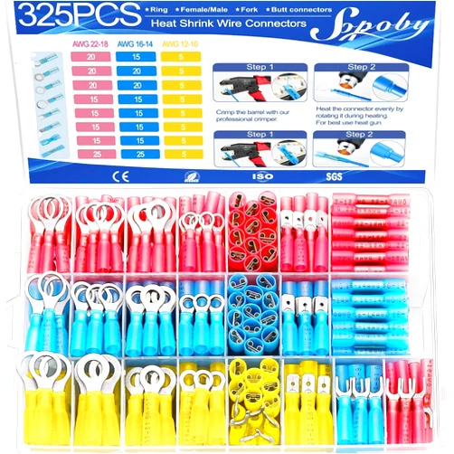 Sopoby 325PCS Marine Grade Heat Shrink Wire Connectors - Sopoby Electrical Connectors Kit of Tinned Red Copper, AWG 22-10 Waterproof Crimp connectors terminals Insulated Ring Fork Spade Butt Splices