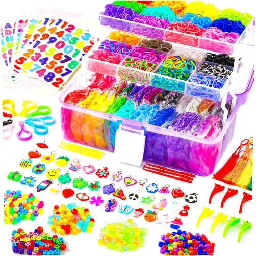 INSCRAFT 17500+ Rubber Loom Bands with 3 Layer Container, 28 Colors, 600 S-Clips, 352 Beads, 40 Cartoon Pendant, Bracelet Making Refill Kit for Kids