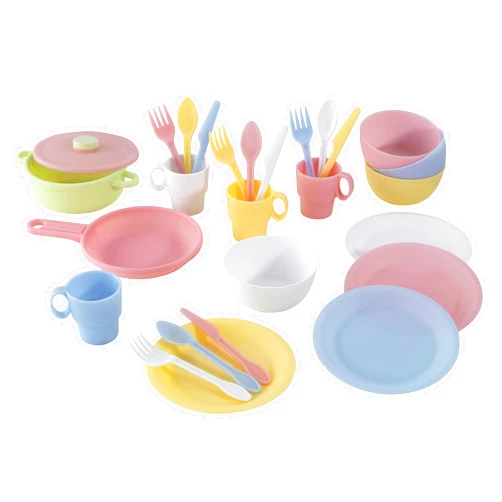 KidKraft 27-Piece Pastel Cookware Set, Plastic Dishes and Utensils for Play Kitchens, Gift for Ages 18 mo+