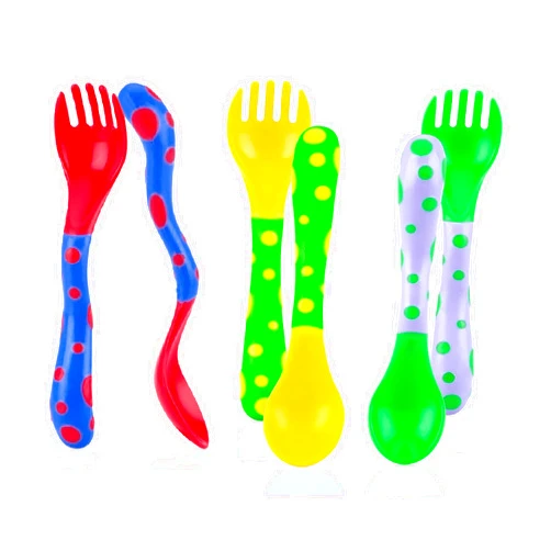 Nuby Fun Feeding Toddler Spoons and Forks 6 Pack - Green, Yellow, Red