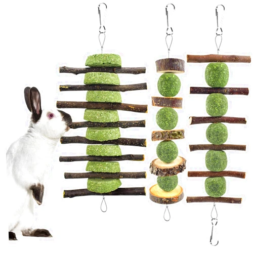 ERKOON Bunny Chew Toys, Rabbit Chew Toys for Teeth Grinding, Improve Dental Health, 100% Natural Apple Wood Timothy Grass Cake Treats for Rabbits Guinea Pigs Chinchillas Bunnies Hamsters (3 Pcs)